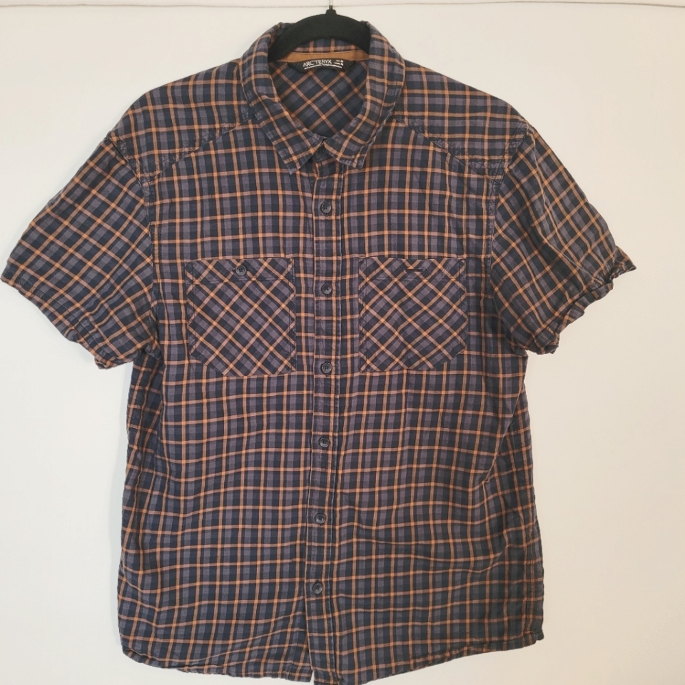 ARC'TERYX Mens Shirt Size M Plaid Blue Orange Short Sleeve Cotton Outdoor Camp